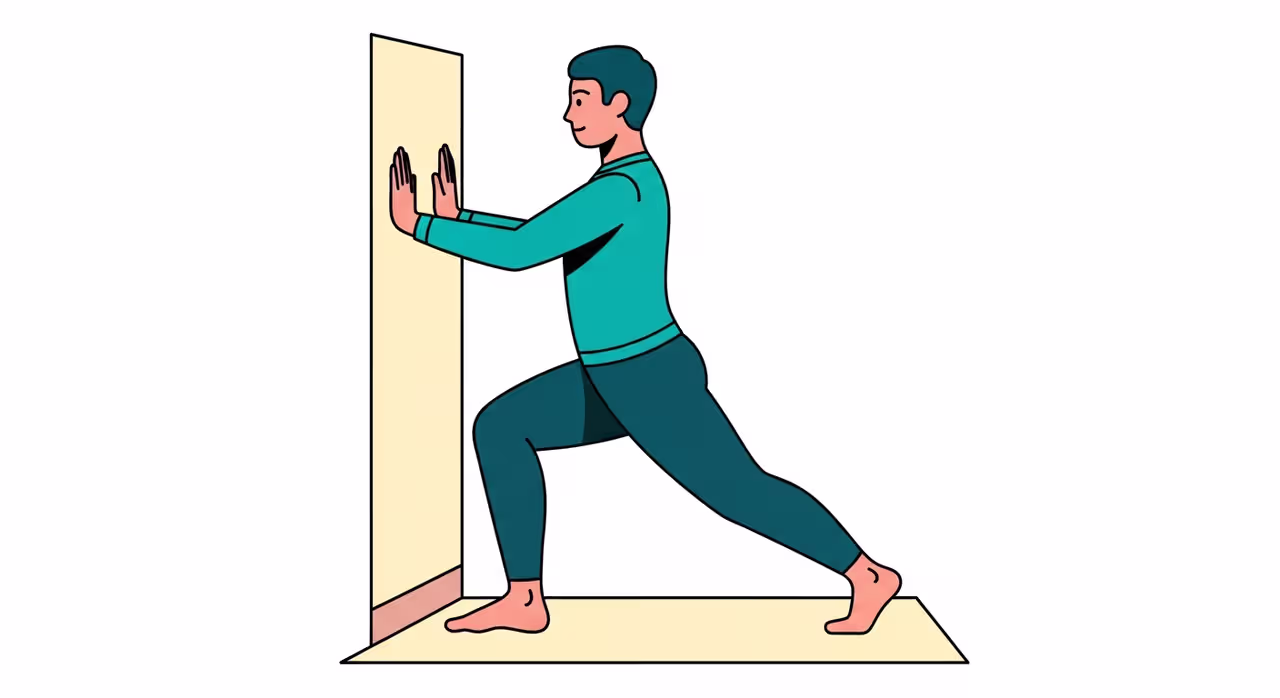 Illustration der Wadendehnung mit gestrecktem Knie bei Achilles-Tendinopathie: Ausfallschritt an die Wand