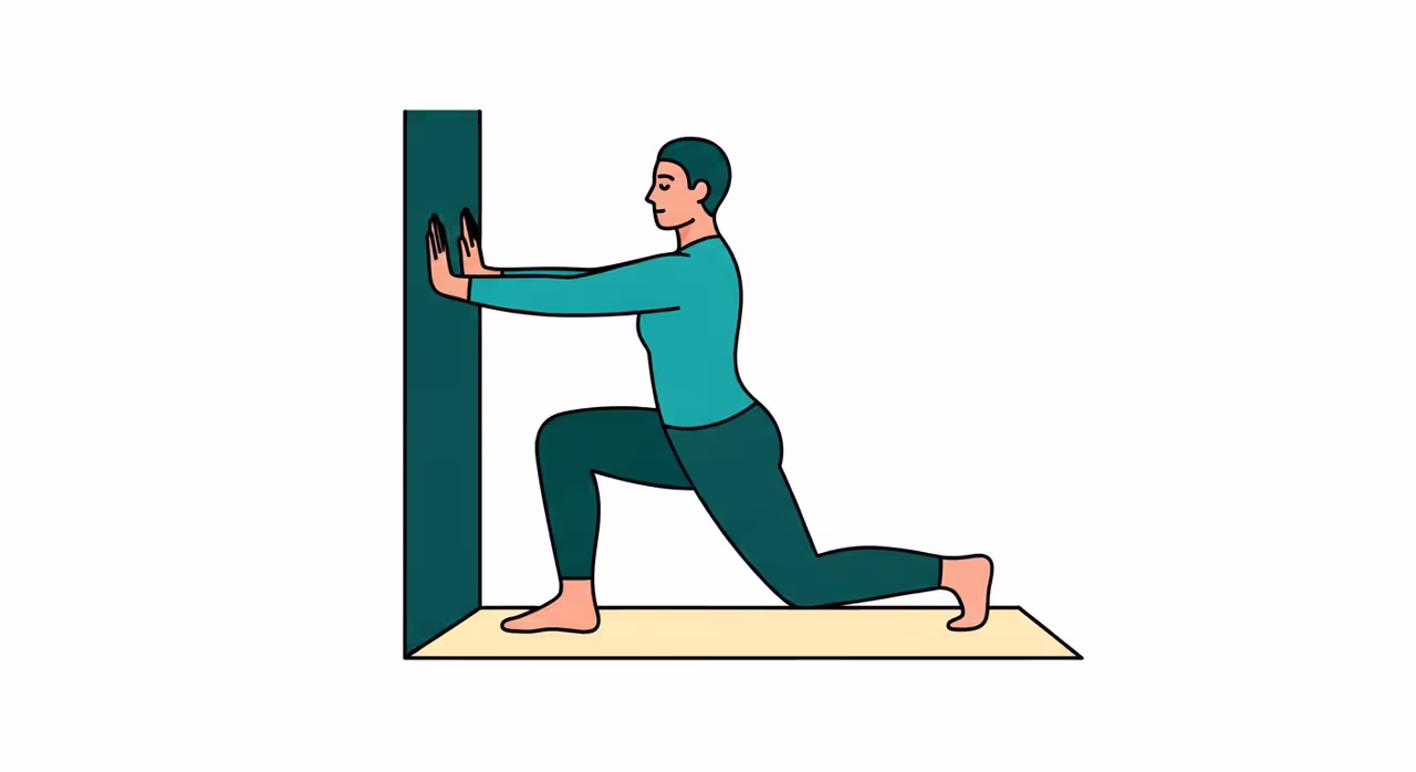 Illustration des Soleus-Stretchs bei Achilles-Tendinopathie: Ausfallschritt mit gebeugtem Knie