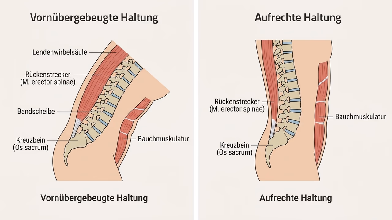 Zwei schematische Seitenansichten der Lendenwirbelsäule mit Rückenstrecker und Bauchmuskulatur, links vornübergebeugt, rechts aufrecht, mit deutscher Beschriftung.