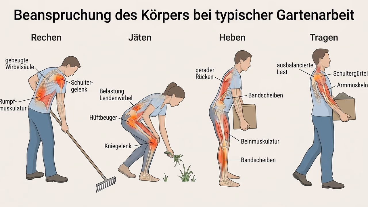 Vier Figuren beim Rechen, Jäten, Heben und Tragen mit rot markierten beanspruchten Körperbereichen, Beschriftungen und der Überschrift Beanspruchung des Körpers bei typischer Gartenarbeit.