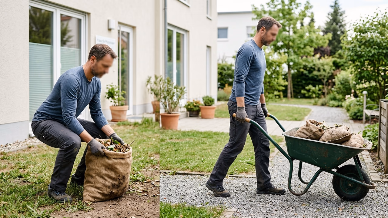 Zweigeteiltes Bild: Ein Mann in Kniebeuge greift einen Jutesack mit Laub, rechts schiebt er eine grüne Schubkarre mit Säcken über Kies im Garten.