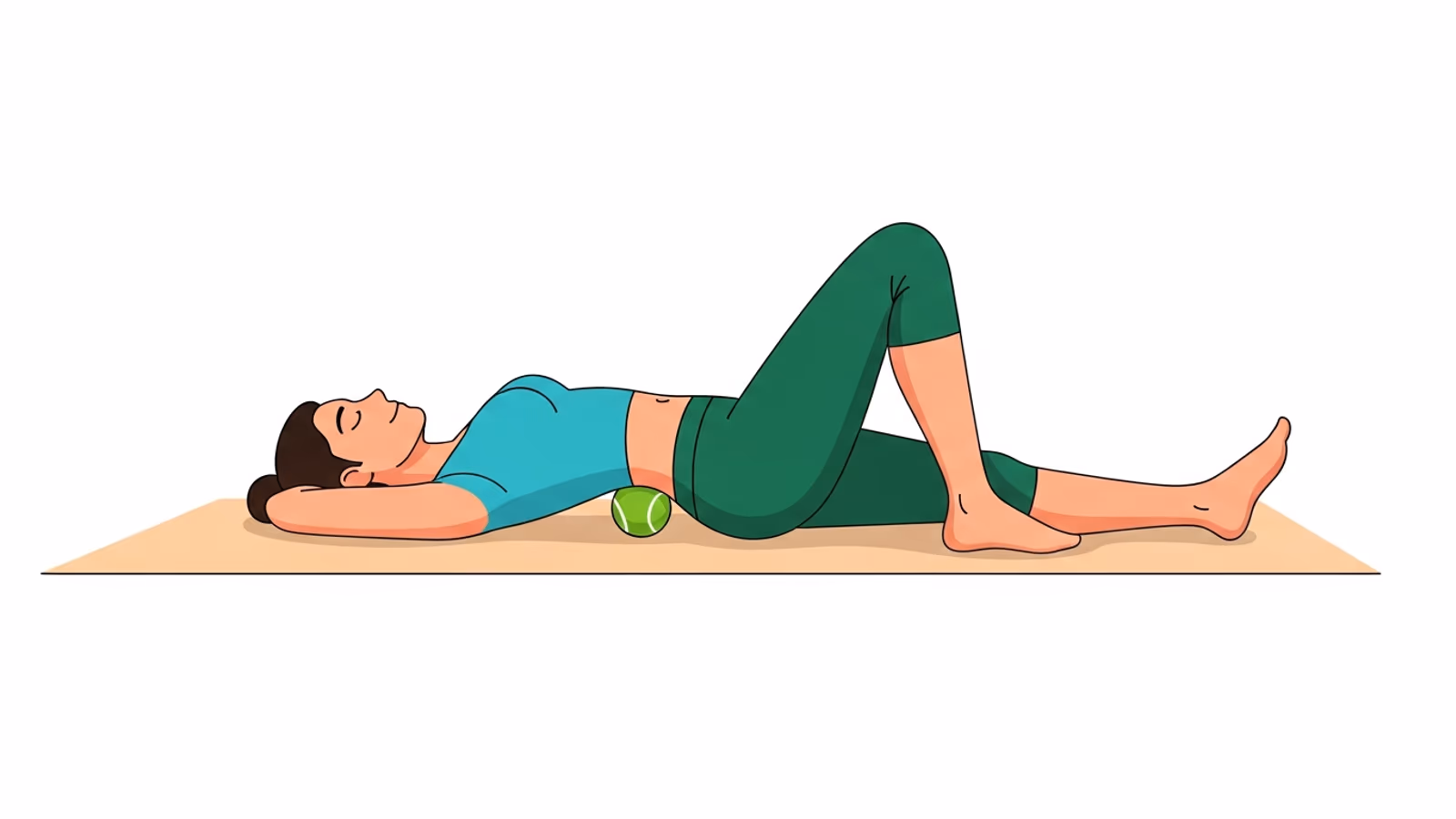 Illustration der Selbstmassage bei Hexenschuss: Rückenlage auf einer Matte, Tennisball zur Triggerpunkt-Massage unter dem unteren Rücken