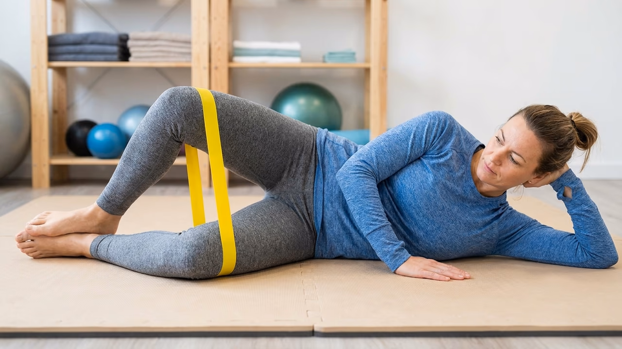 Eine Person in Seitenlage führt die 'Clamshell'-Übung mit einem Theraband um die Knie aus.