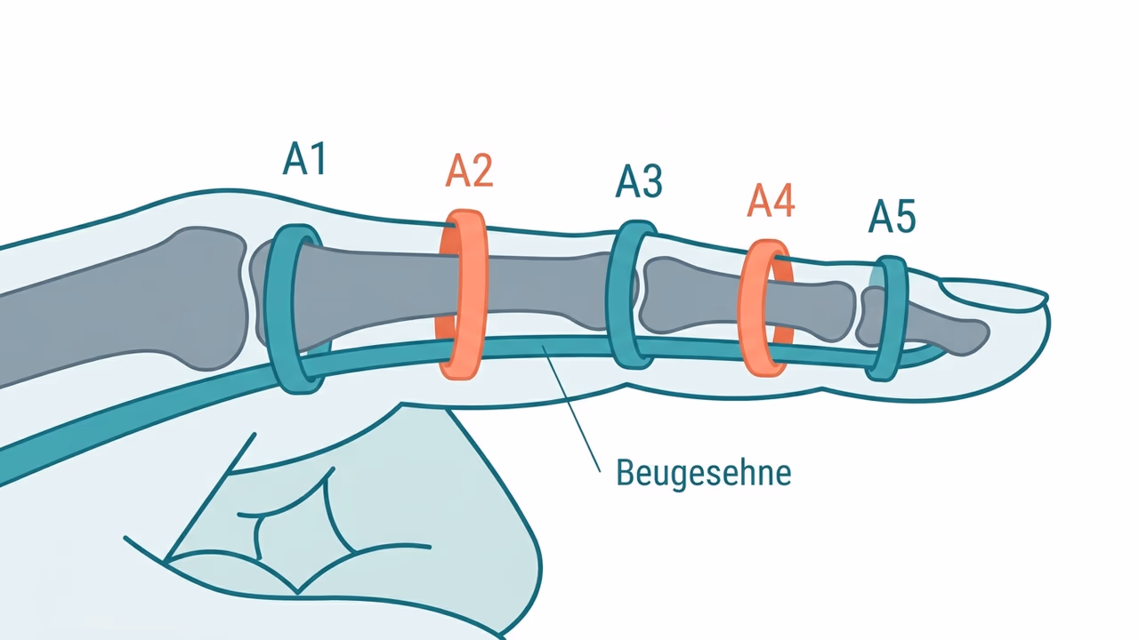 Schematische Darstellung des A1–A5-Pulley-Systems am Finger mit markiertem A2-Ringband