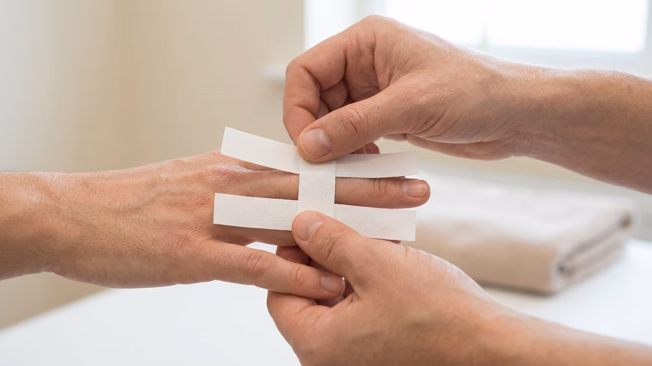 Schritt 2 der H-Tape-Anleitung: Der Mittelsteg des H-Tapes wird auf das verletzte Ringband am Fingergrundgelenk gelegt.