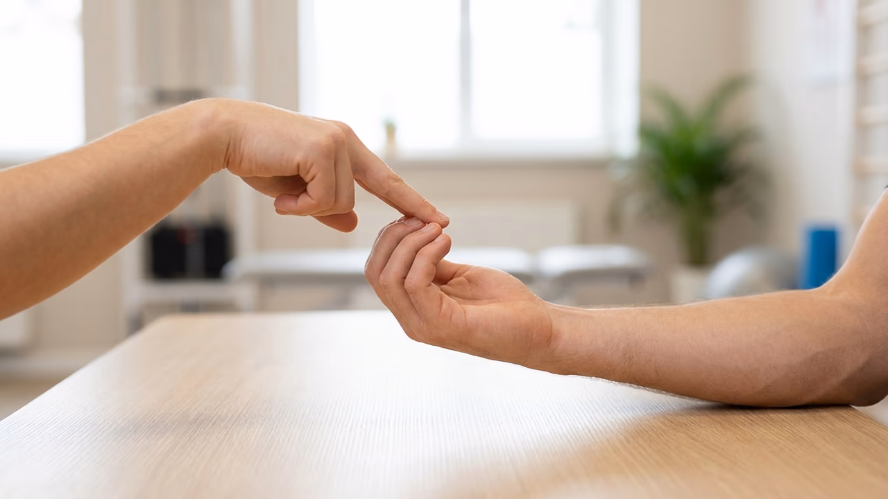 Exzentrische Fingerbeugung: Der verletzte Finger wird passiv gebeugt und langsam gegen Widerstand gestreckt.