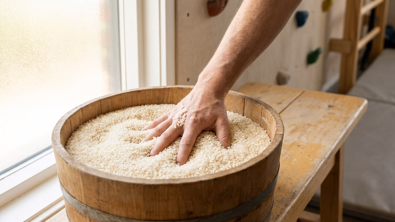 Rice-Bucket-Übung: Eine Hand gräbt sich zur Kräftigung in einen mit Reis gefüllten Eimer.
