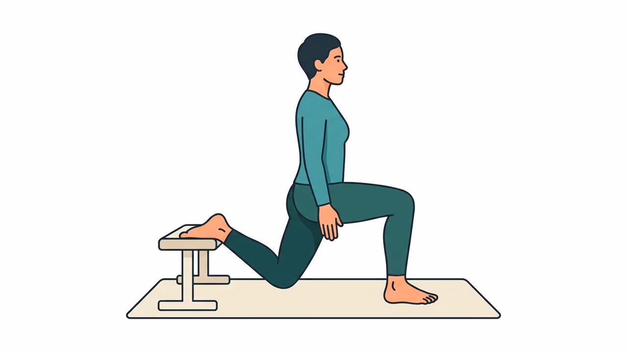 Illustration des Bulgarian Split Squats bei Wanderknie: hinteres Bein auf Bank erhöht, vorderes in tiefer Kniebeuge