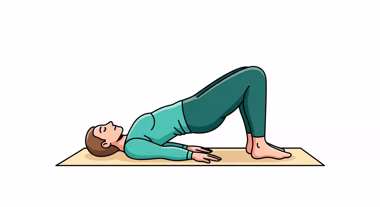 Illustration der Glute Bridge bei Wanderknie: Rückenlage, Hüfte gehoben, Füße am Boden