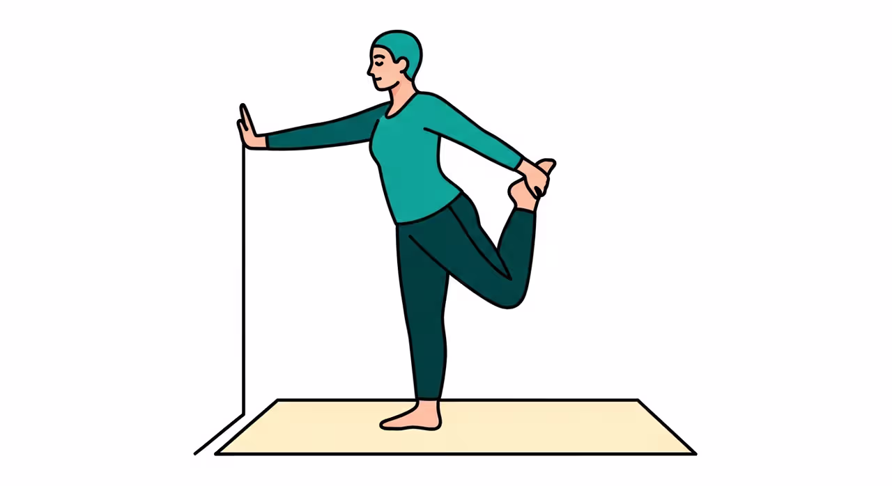 Illustration der Quadrizeps-Dehnung bei Wanderknie: einbeinig, Fuß zum Gesäß gezogen