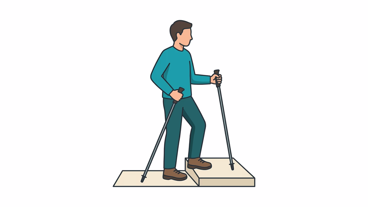 Illustration des Stockeinsatzes beim Abstieg: Person mit zwei Trekkingstöcken im Abstieg
