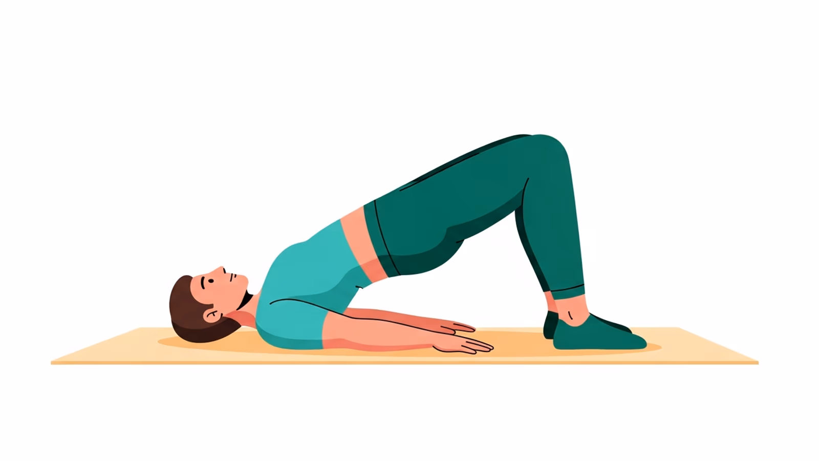 Illustration der Glute Bridge bei Läuferknie: Rückenlage mit angewinkelten Knien, Hüfte angehoben zu einer Schulterbrücke
