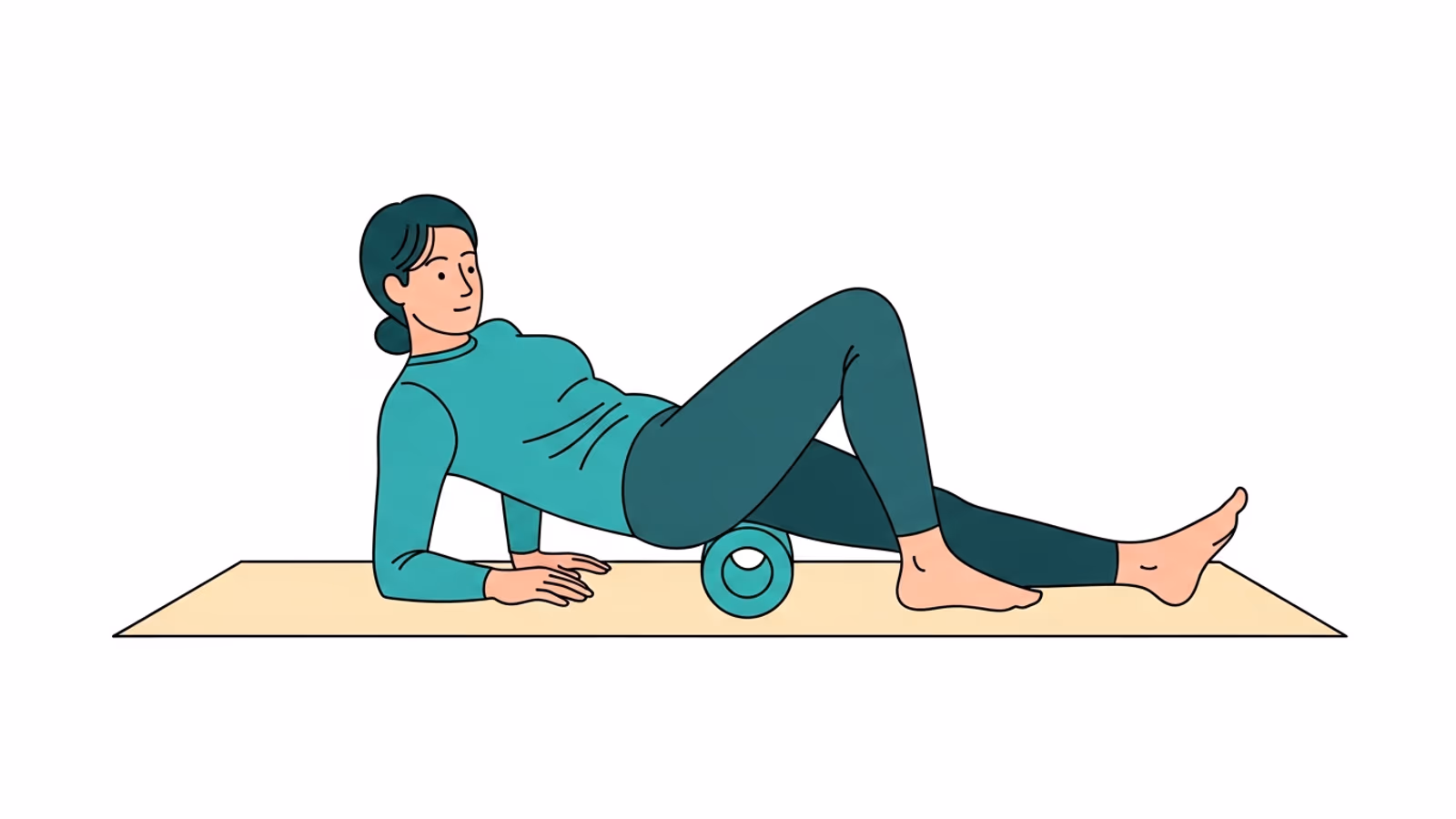 Illustration der Selbstmassage mit Faszienrolle bei Läuferknie: Seitenlage, Faszienrolle unter dem äußeren Oberschenkel