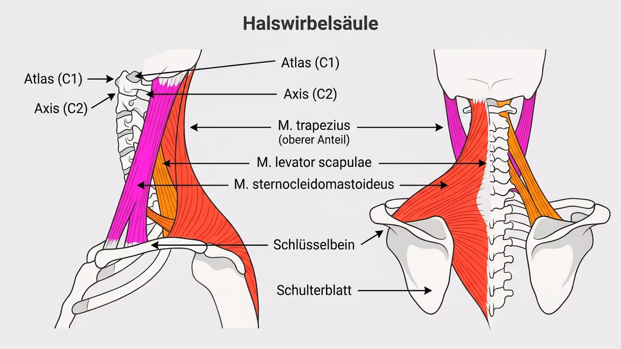 Eine anatomische Darstellung der Halswirbelsäule und der umliegenden Nackenmuskulatur.