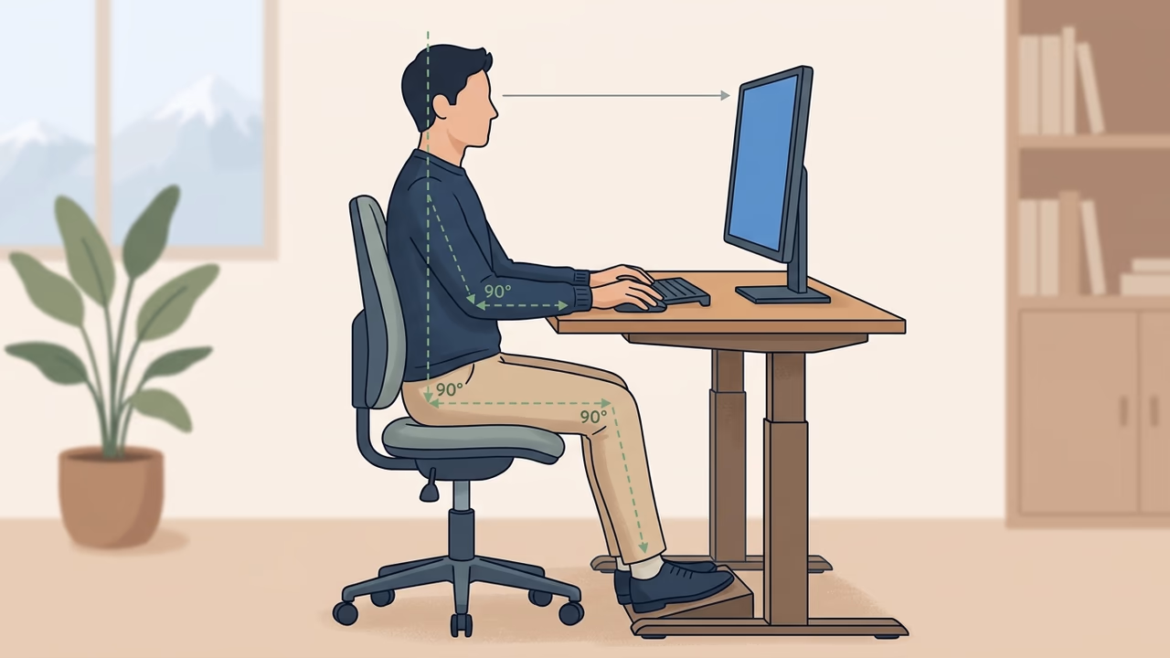 Infografik zur korrekten ergonomischen Haltung am Schreibtisch.