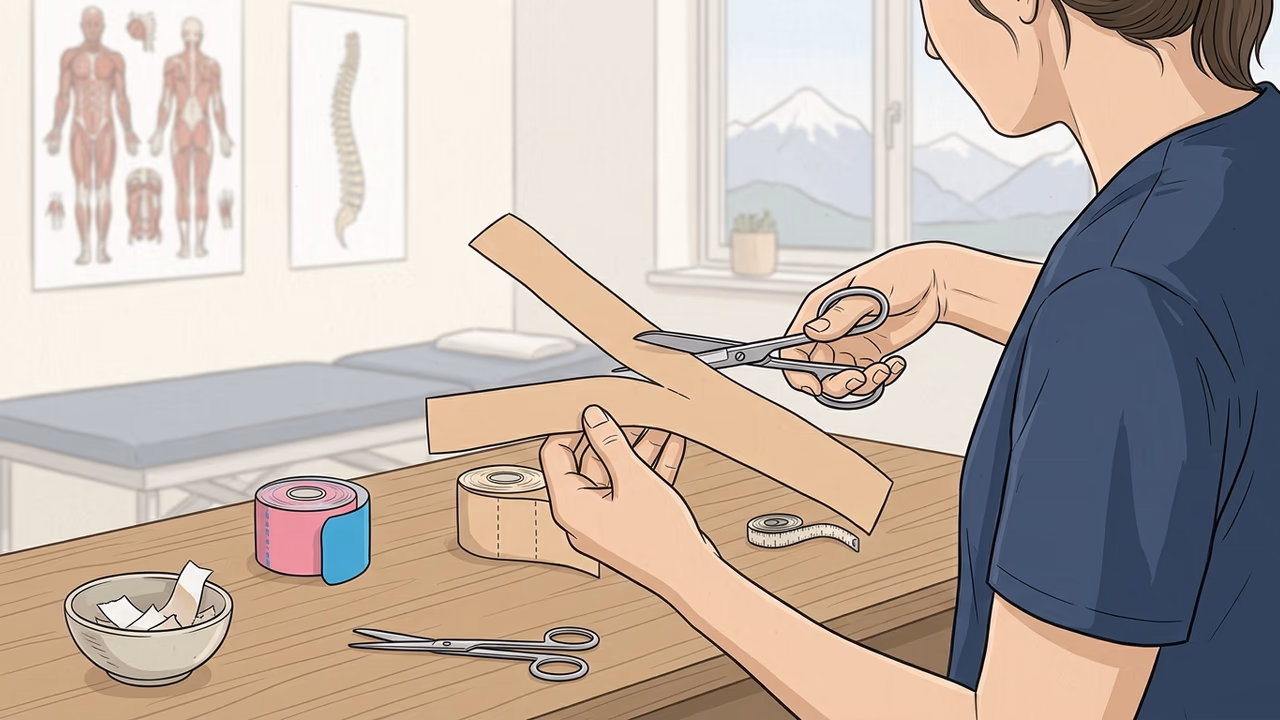 Ein Kinesio-Tape-Streifen wird mit der Schere zugeschnitten.