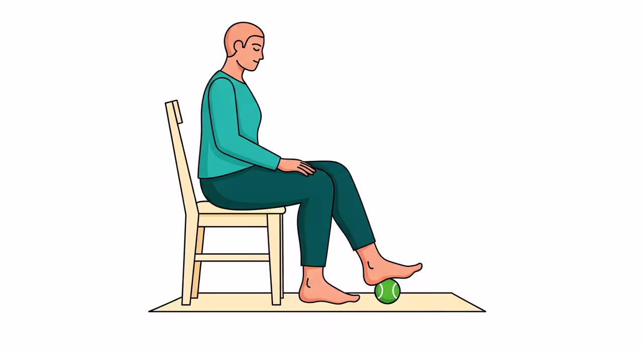 Illustration der Tennisball-Rolle bei Plantarfasziitis: sitzend, Fuß rollt über Ball am Boden