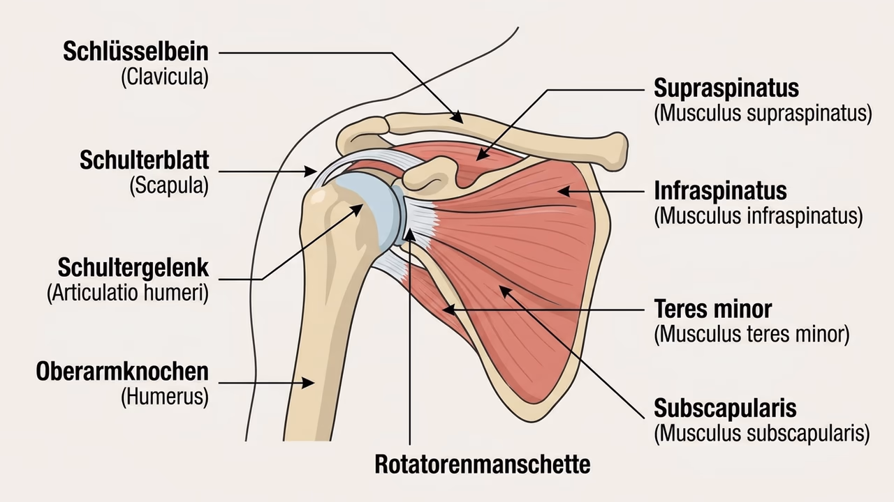 Anatomie-Schema der Schulter mit Schlüsselbein, Schulterblatt, Oberarmknochen und Rotatorenmanschette sowie beschrifteten Muskeln in Deutsch und Latein.