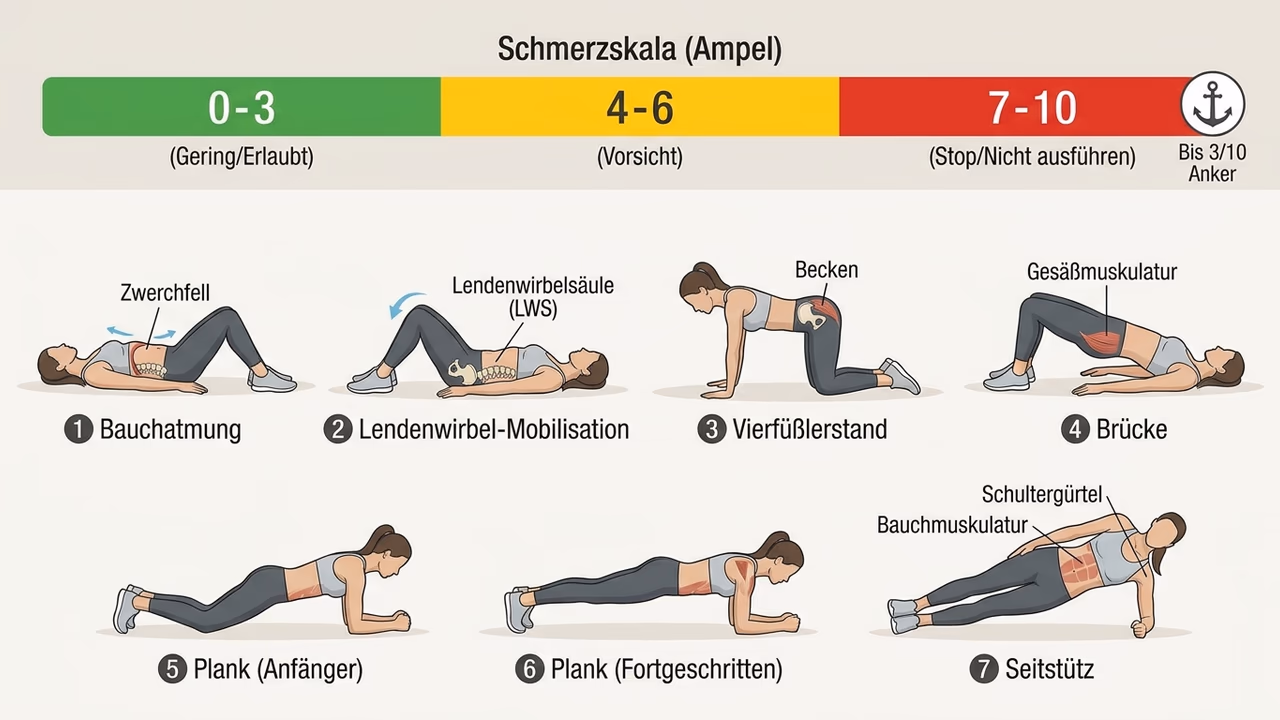 Übersicht mit Schmerzskala in Grün, Gelb und Rot sowie sieben nummerierten Übungen von Bauchatmung über Brücke und Plank bis zum Seitstütz.