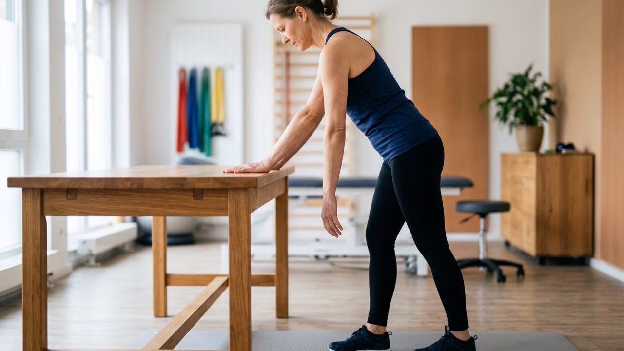 Eine Frau in dunkler Sportkleidung beugt sich nach vorn, stützt eine Hand auf einen Holztisch und lässt den anderen Arm locker hängen, in einem hellen Therapieraum.