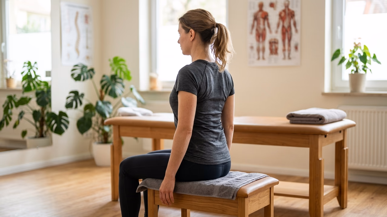 Eine Frau mit Pferdeschwanz sitzt aufrecht auf einer Holzbank mit Handtuch in einem Therapieraum, die Arme hängen seitlich, im Hintergrund eine Behandlungsliege.