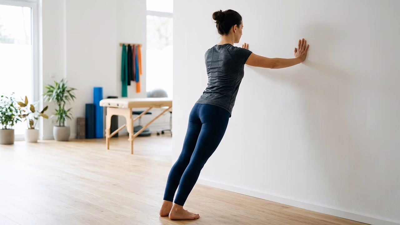 Eine Frau in grauem Shirt und dunkler Leggings lehnt sich barfuß mit beiden Händen gegen eine weiße Wand in einem hellen Therapieraum.