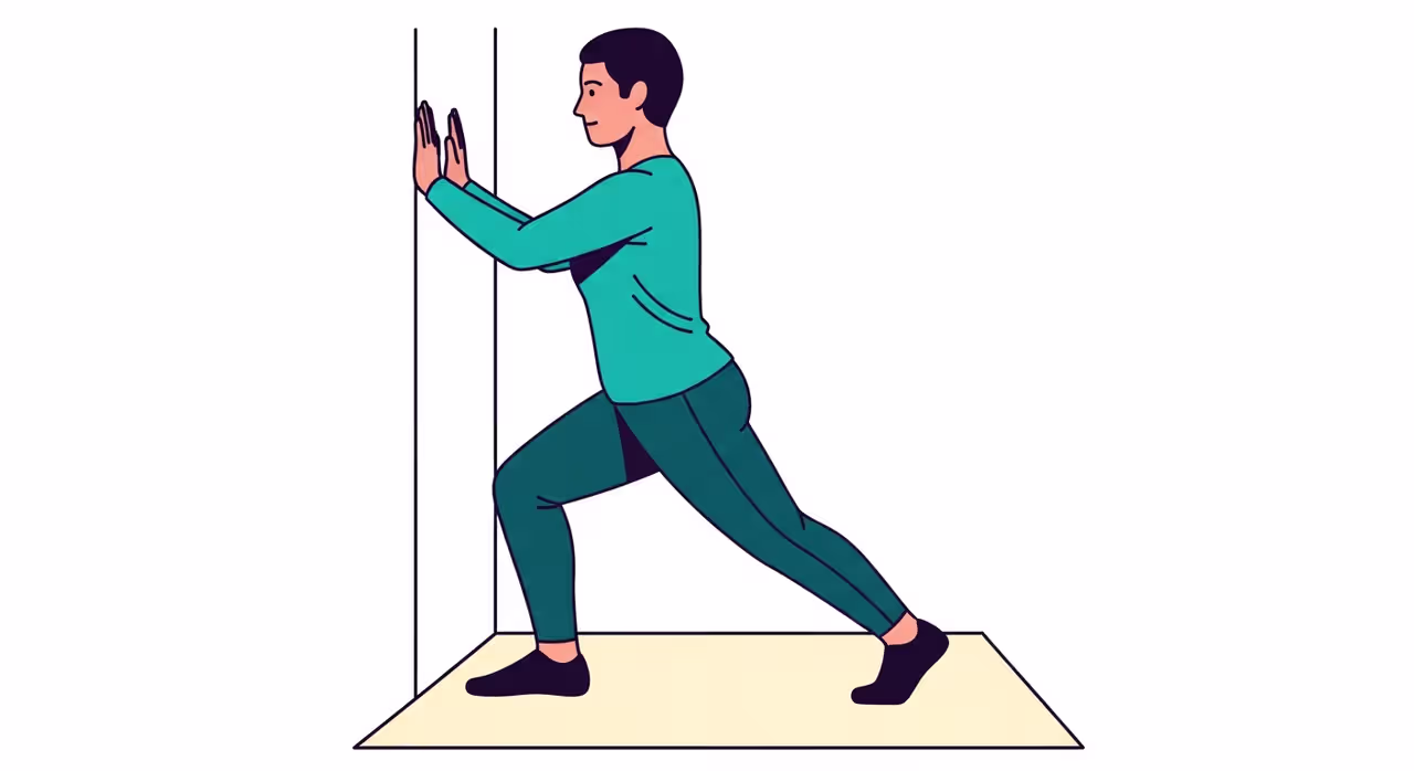 Illustration der Wadendehnung an der Wand bei Shin Splints: hinteres Bein gestreckt, Ferse am Boden