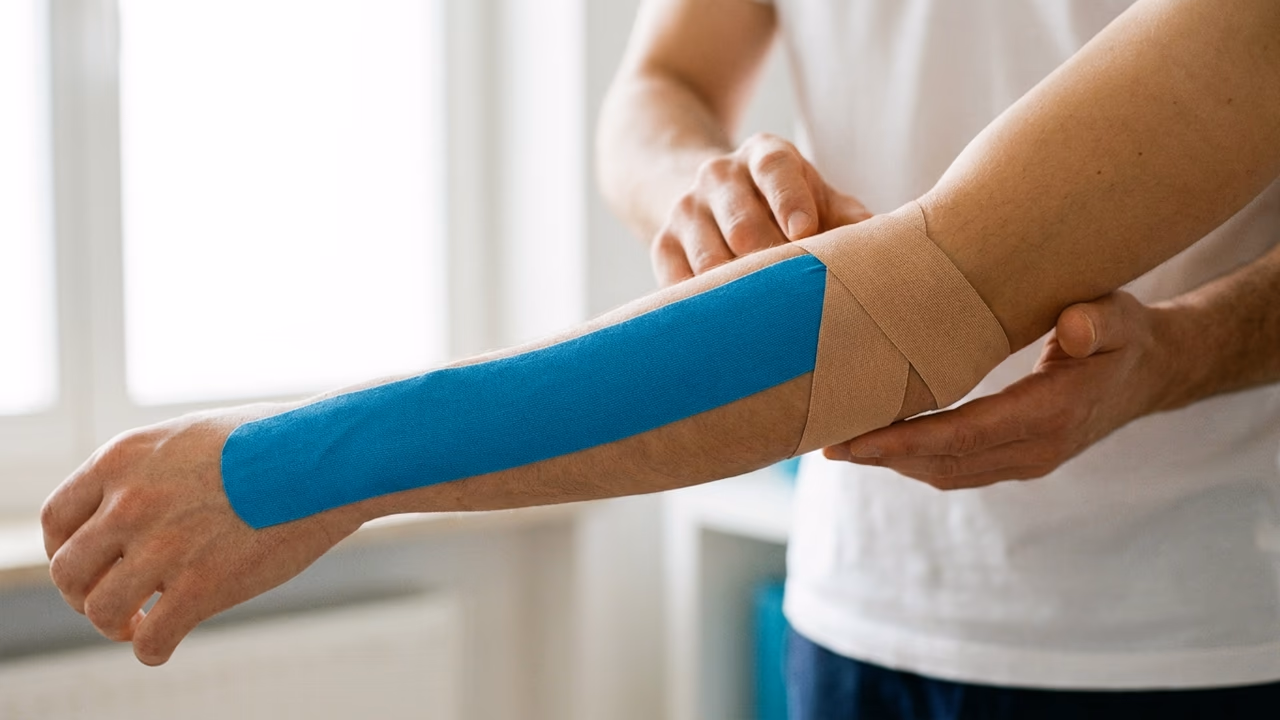 Fertig angelegtes Kinesio-Tape am Unterarm zur Entlastung bei einem Tennisarm.