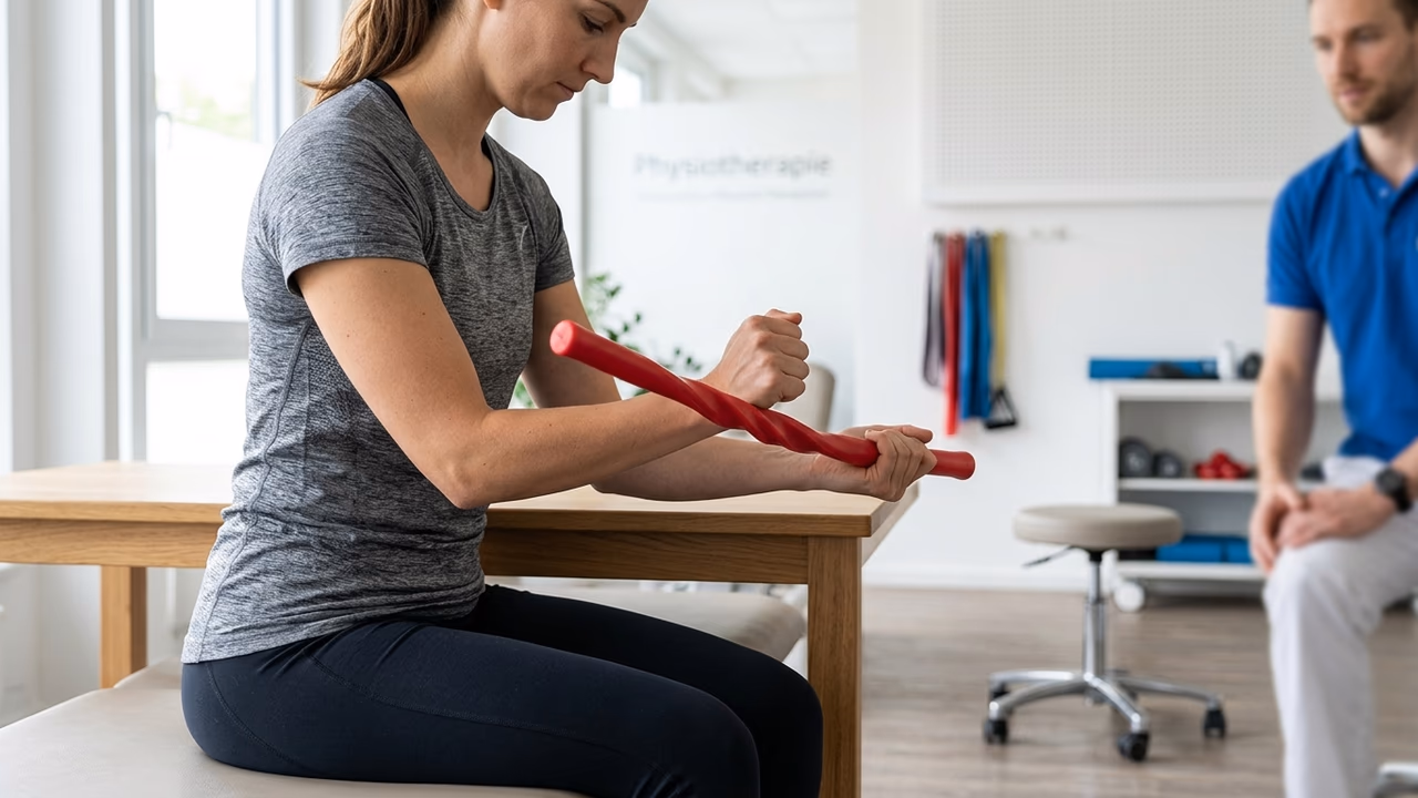 Die Tyler Twist Übung mit einem elastischen Stab, eine sehr effektive Übung bei Tennisarm.