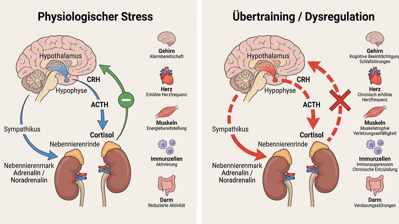 Schema der Stressachse: links Hypothalamus, Hypophyse und Nebenniere im Gleichgewicht, rechts dieselbe Achse bei Übertraining mit gestörter Rückkopplung.