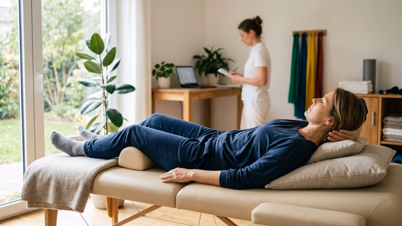 Eine Frau liegt entspannt auf einer Therapieliege, den Kopf auf einem Kissen, und ruht sich aus.