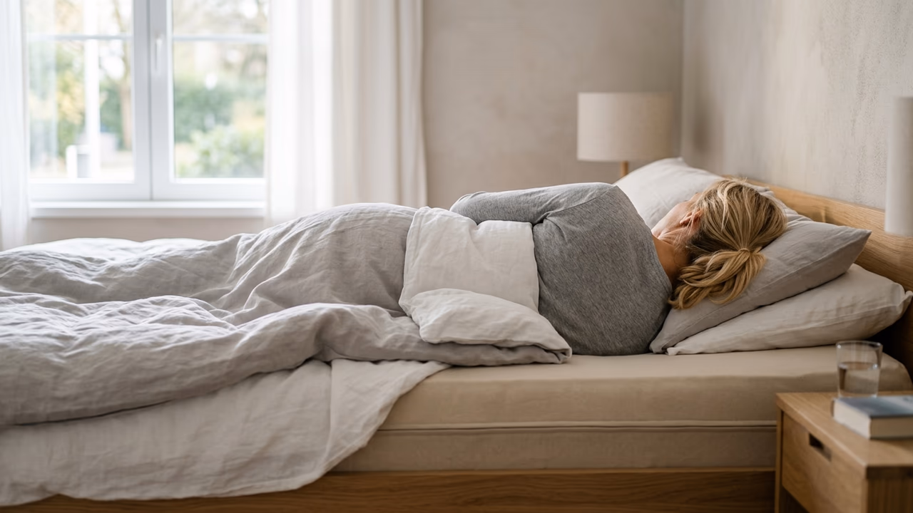 Eine Frau schläft in einem ruhigen, abgedunkelten Schlafzimmer.